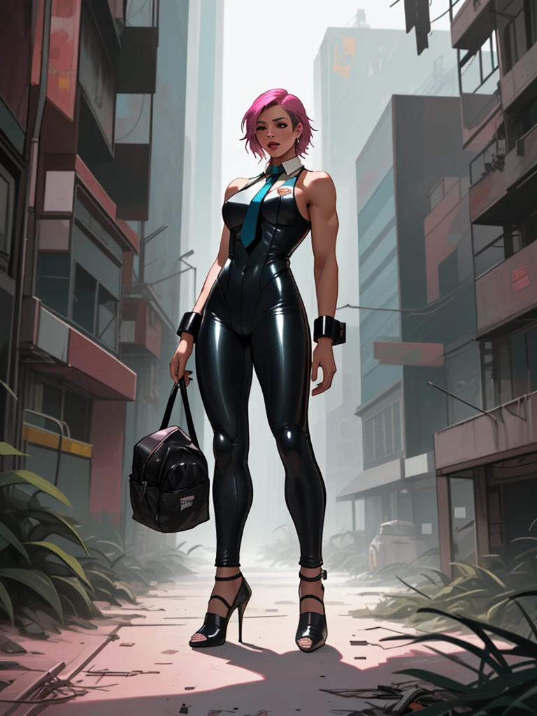 eve (stellar_blade), solo, bodysuit, necktie, abandoned cyberpunk city overgrown with plants, standing, looking at viewer, shiny clothes, skin tight, full body, bare shoulders, lips, green necktie, large breasts, muscular body, wrist cuffs, shiny, sleeveless, high heels, BREAK , zPDXL, score_9, score_8_up, score_7_up, score_6_up, score_5_up, score_4_up