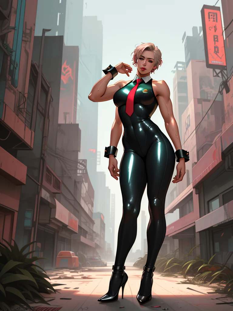 eve (stellar_blade), solo, bodysuit, necktie, abandoned cyberpunk city overgrown with plants, standing, looking at viewer, shiny clothes, skin tight, full body, bare shoulders, lips, green necktie, large breasts, muscular body, wrist cuffs, shiny, sleeveless, high heels, BREAK , zPDXL, score_9, score_8_up, score_7_up, score_6_up, score_5_up, score_4_up