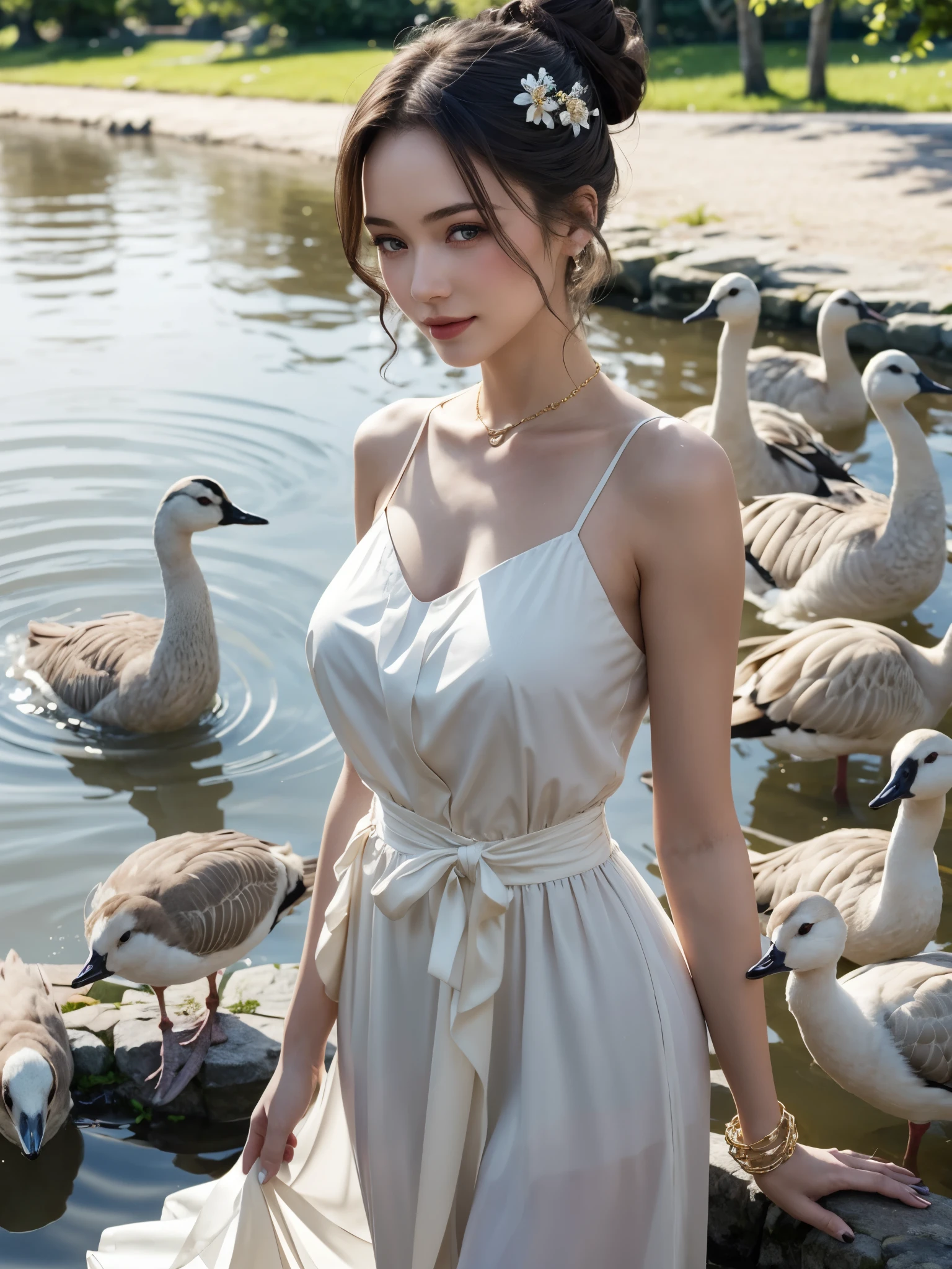 girl wearing camisole dress, BREAK, 1girl, surrounded by geese, standing in shallow river, detailed face, (looking at viewer:1.4), gigantic breasts, golden hour lighting, warm sunlight, gentle ripples in water, soft reflections, natural setting, detailed textures, soft focus background, flowing dress, warm tones, high quality, gorgeous, see-through long ribbons tied on arms, inspired by cinderella, high bun hair with flower hairpin, wreaths, bracelets, metal chain tassels on the waist, (super realistic:1.2),