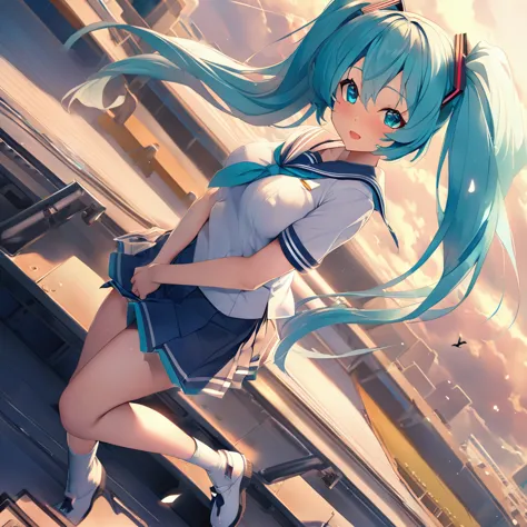 masterpiece,, very detailed、outdoor, hatsune miku、very long hair、very short dark blue skirt、growing breasts、sailor suit short sl...