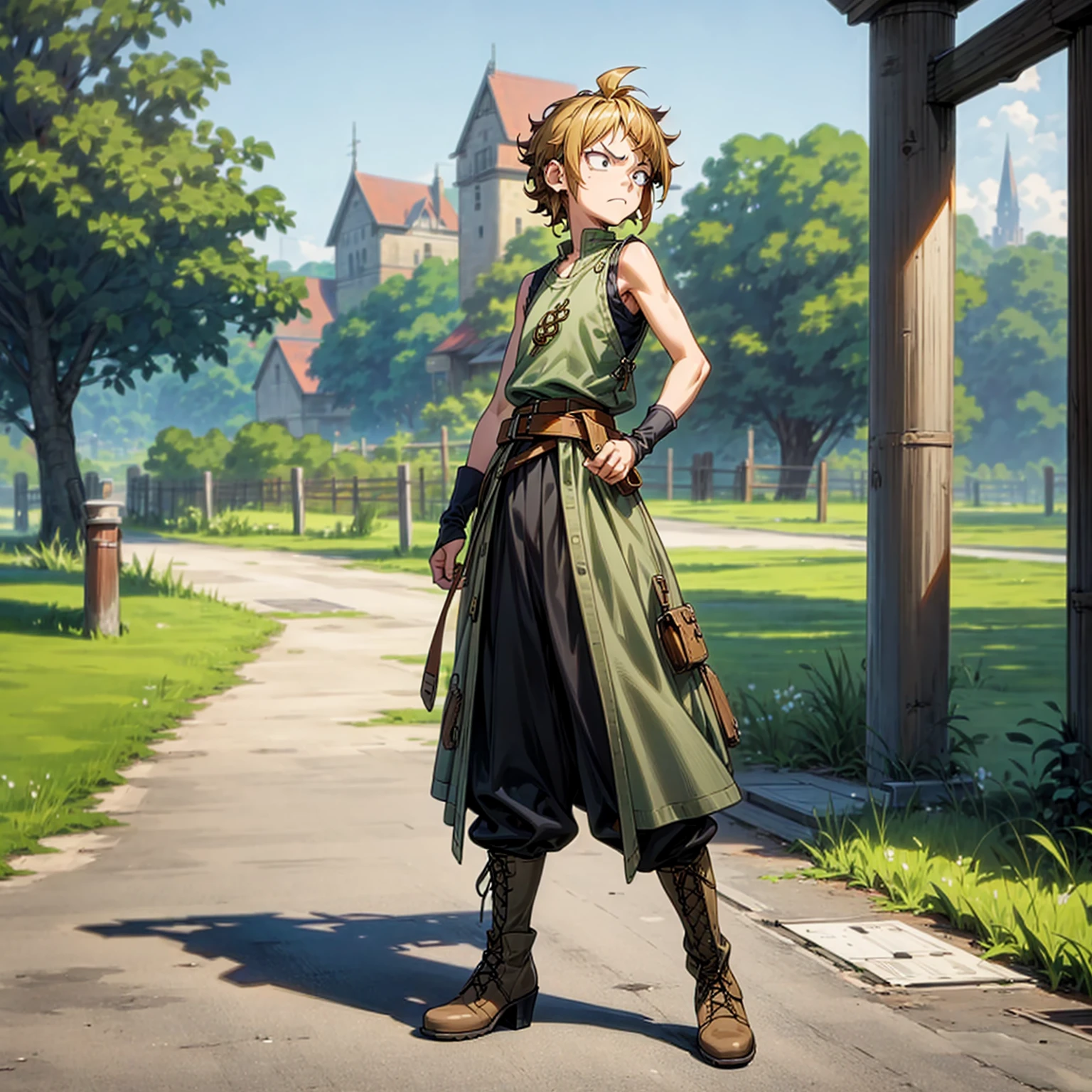 Solo character, full body version, kid boy, black eyes, blonde half black hair, short curly mohawk, casual clothing, Sleeveless, belt, boots, outdoor, park, town, medieval, morning, standing gesture, detailed background, detailed clothing, detailed hair, angry eyes