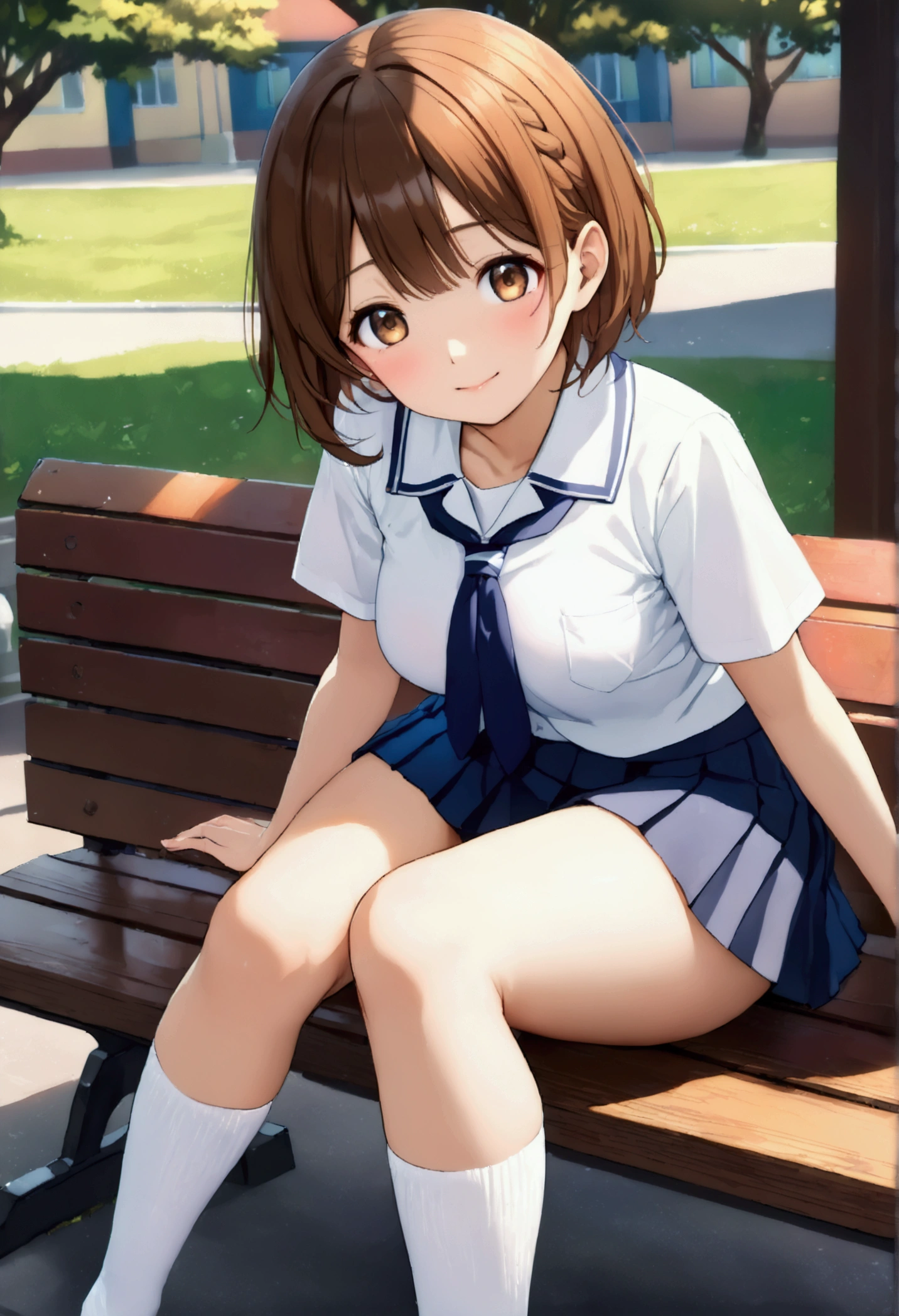 (nsfw:1.5),Miho Nishizumi,sexy,Annyu,adult,((Droopy eyes)),Short Hair,Dark brown hair,Dark brown eyes,Baby Face,8k wallpaper, (shape:0.8), (Beautiful attention to detail:1.6), Highly detailed face, Perfect lighting, Extremely detailed CG, (Perfect hands, Perfect Anatomy),School Uniform,Oarai Girls,mini skirt,White socks,Black shoes,Schoolyard,Sitting on a bench,Bright smile,Enjoyable school life