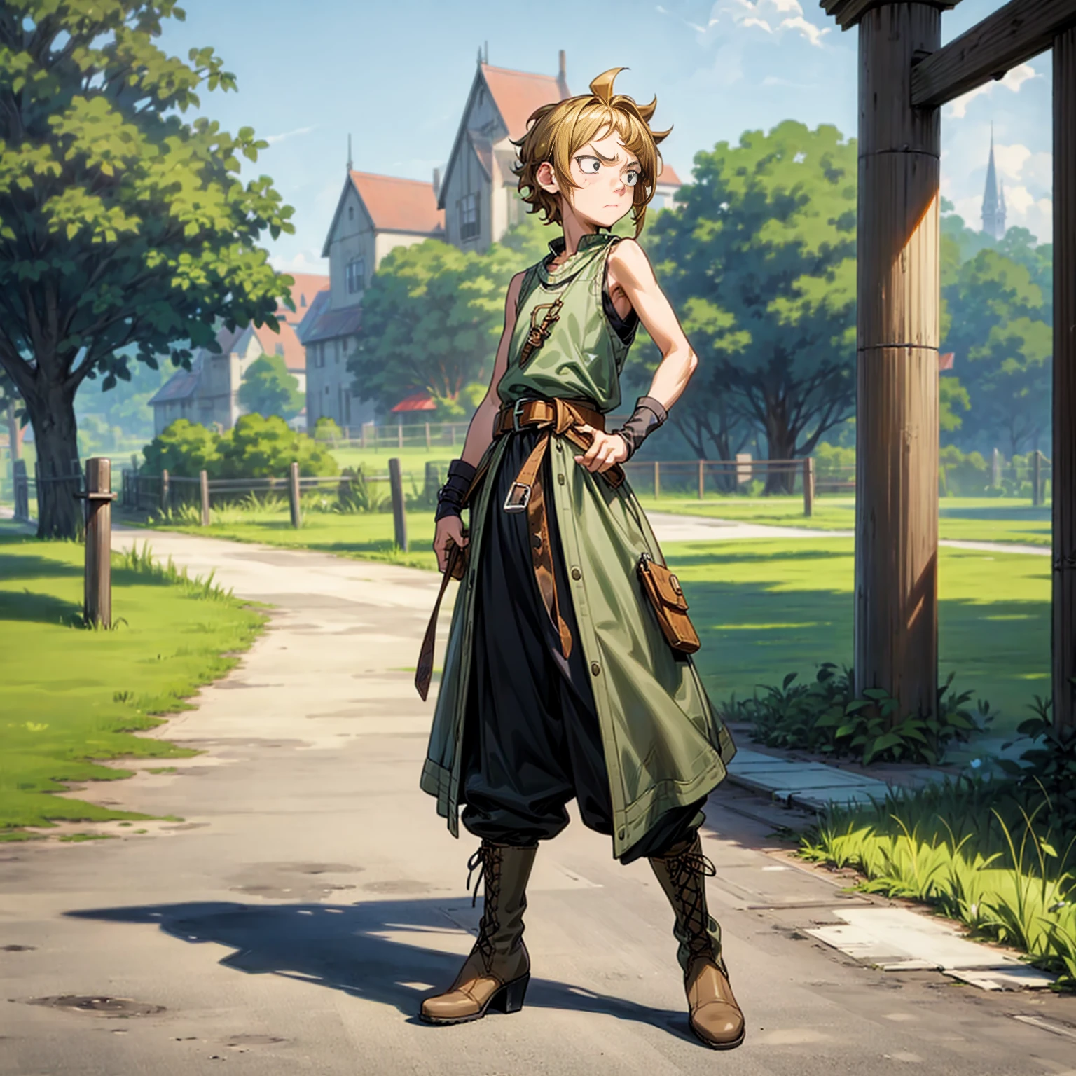 Solo character, full body version, kid boy, black eyes, blonde half black hair, short curly mohawk, casual clothing, Sleeveless, belt, boots, outdoor, park, town, medieval, morning, standing gesture, detailed background, detailed clothing, detailed hair, angry eyes