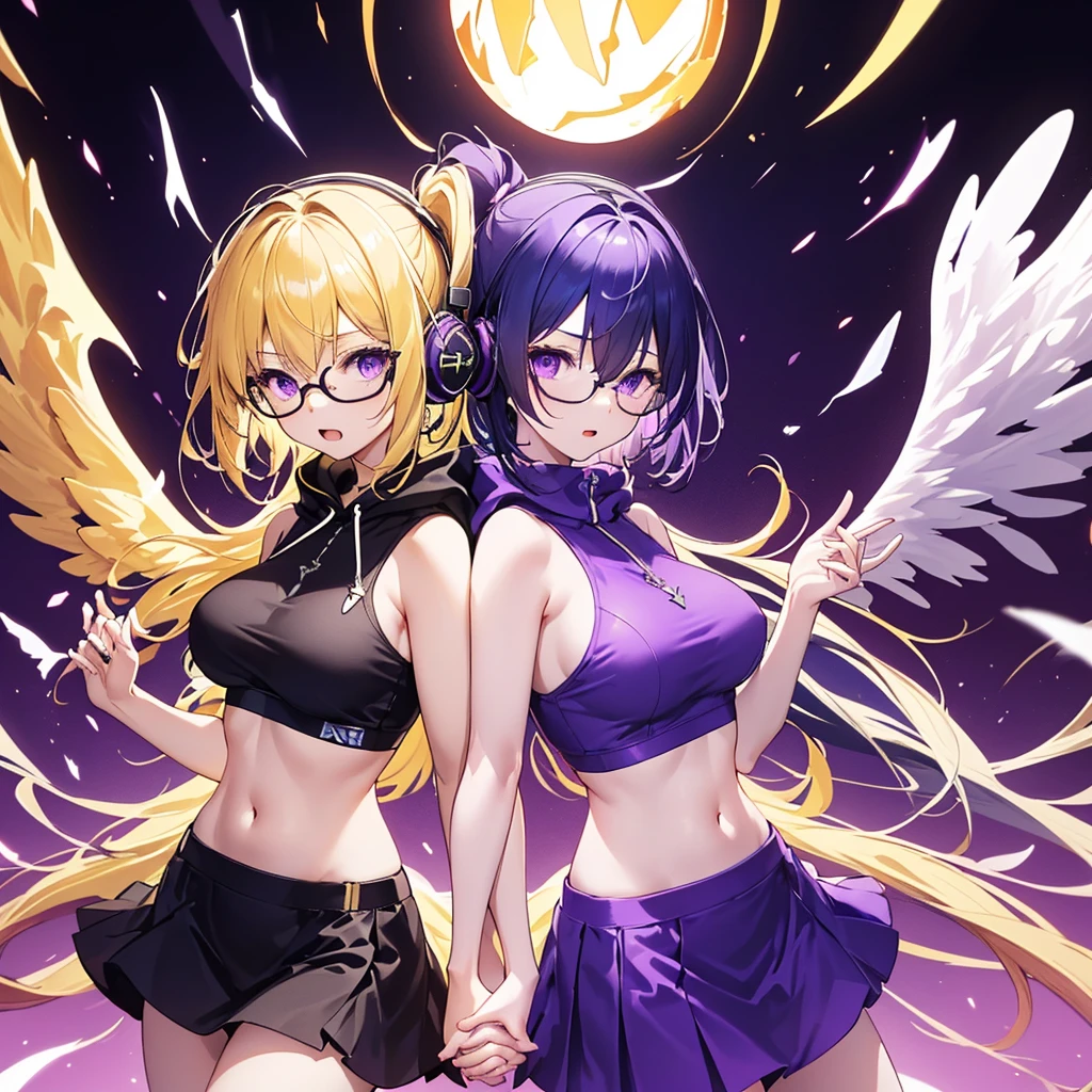 ((Highest quality)), (detailed), Holding hands and pointing back to back, a girl with dark blue hair, short hair, long bangs, large chest, purple eyes, squinting eyes, wearing a dark purple hoodie and a black rubber miniskirt, black round-rimmed glasses and white headphones, and a girl with long blonde hair, purple eyes, average chest, a long side ponytail with large wings, angel flames, and wearing high-cut armor that exposes her young chest, abdomen and back、Holding hands and standing back to back.0、Yellow and purple light cube background 1.7、