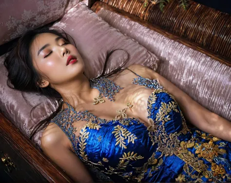 in a striking 8k hdr scene, a stunning korean woman, 22 years old, lies peacefully in a black coffin surrounded by plush pillows...