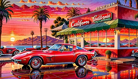 historical masterpieces,sunset in california, usa,a picture of a red sports car parked in front of a restaurant, beautiful artwo...