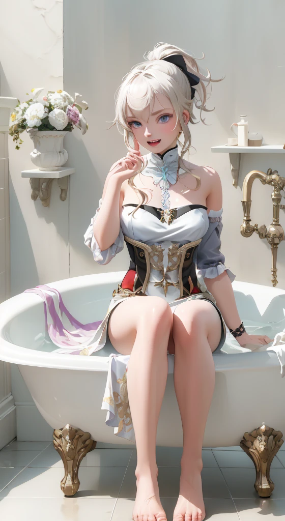 masterpiece，Pure white background，8K Art Photography, realism concept art, Soft, Natural Volume Movie Perfect Light, epic, Hot topics on artstationh, energetic, production cinematic character render, Ultra high quality model, Chiaroscuro，Anime girl sitting cross-legged in the bathtub，Naked，barefoot，Hand details， Five fingers，Perfect eyes，The eyes are very detailed，Round Face，Opened his mouth，laughter，teardrop，Sexy bulge，Plum，Maximum chest，Blonde Hair, Long gray hair,Blue eyes,Ponytail, Neckline,Capulet, Lopez, Strapless, Slit sleeves,,tape