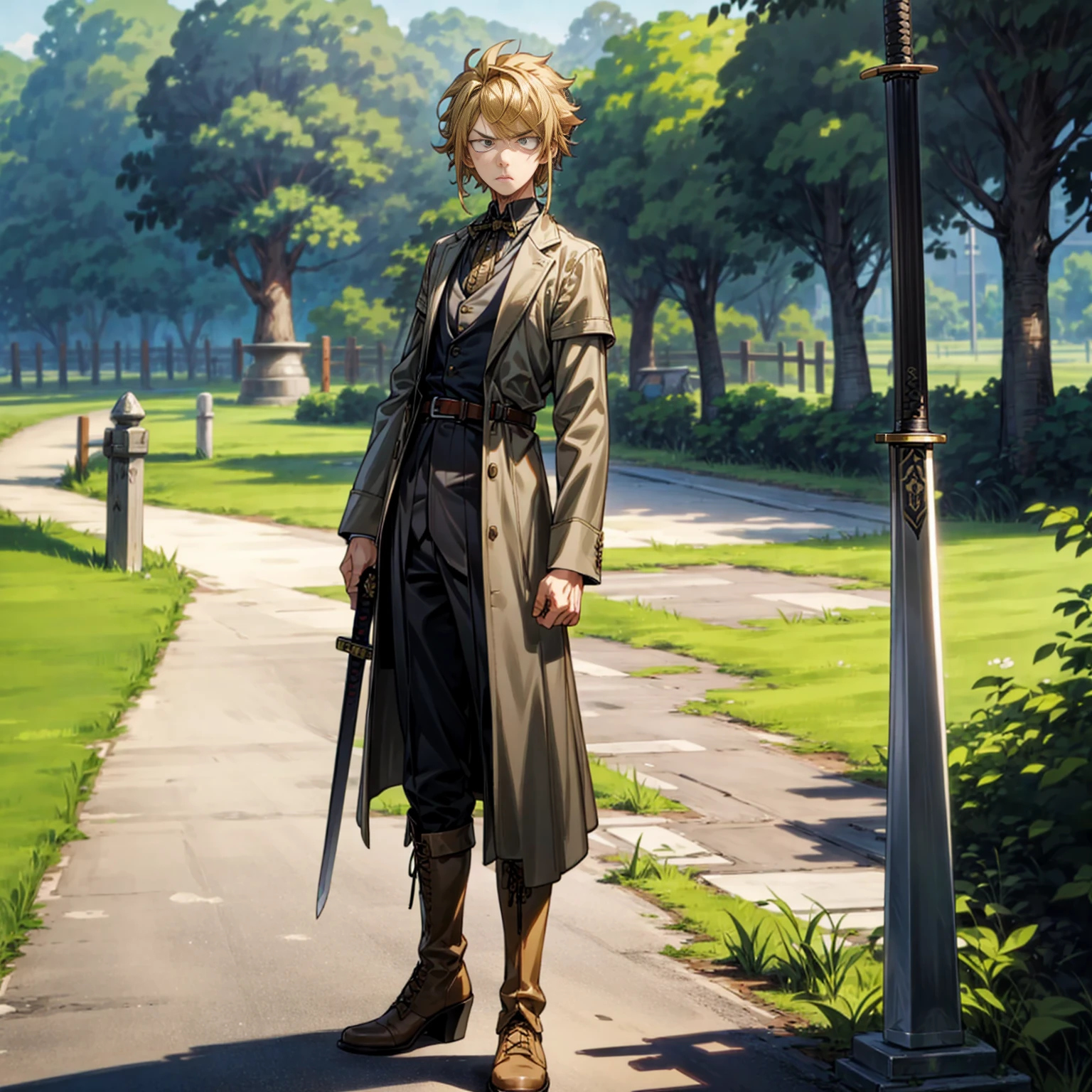 Solo character, full body version, young man, black eyes, blonde half black hair, short curly mohawk, formal clothing, belt, boots, outdoor, park, town, medieval, morning, standing gesture, detailed background, detailed clothing, detailed hair, angry eyes, sword in hand 