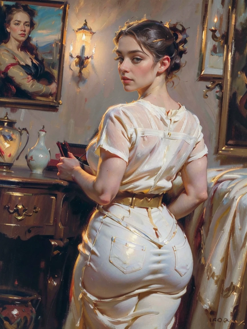 (AOC:1.1), Braga, from behind, Curved, Wide hips, thick thighs, oil painting, by sargent, (Best Quality,4k,8k,High resolution,masterpiece:1.2), ultra detailed, (realist,photorealist,photo-realist:1.37), Portraits, warm color palette, Soft lighting.