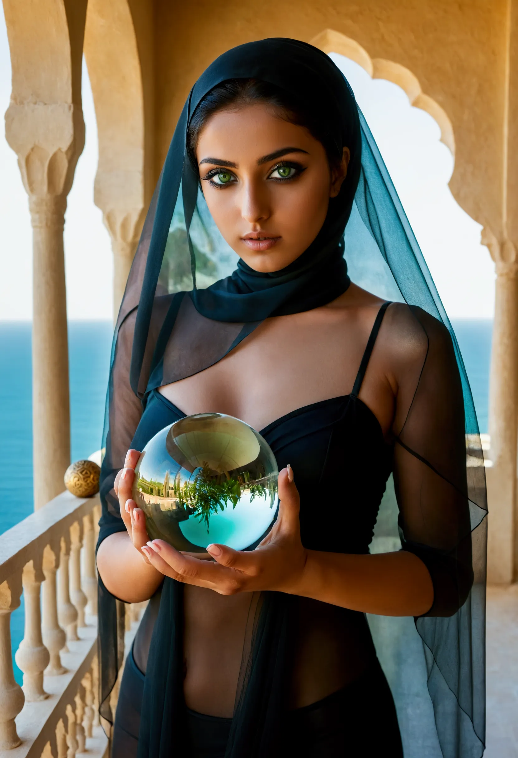 beautiful beautiful arab girl with strong green eyes is 20 years old with a black veil covering her face, she has green eyes for...