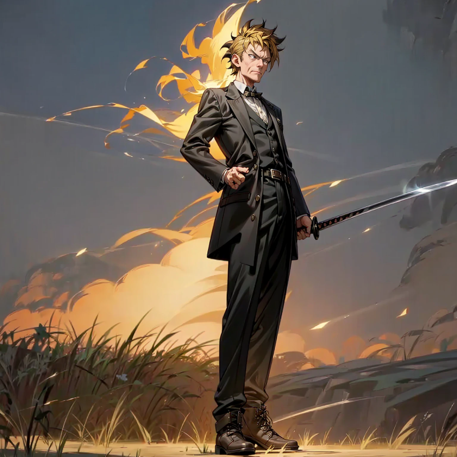 Solo character, full body version, old man, black eyes, blonde half black hair, short curly mohawk, formal clothing, belt, boots, outdoor, field, town, medieval, morning, standing gesture, detailed background, detailed clothing, detailed hair, angry eyes, sword in hand, smoke effect, lighting, glow effect on sword 