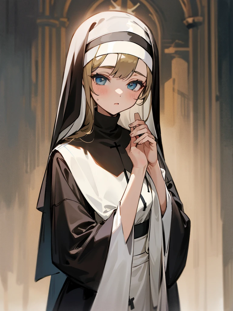 saint、A girl dressed in a nun&#39;s outfit、Abandoned Research Facility、Armament、end of the century、Android、outside、rubble、Broken medical equipment