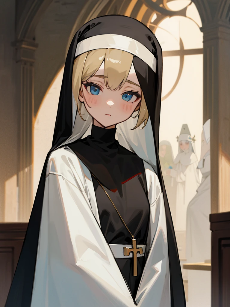 saint、A girl dressed in a nun&#39;s outfit、Abandoned Research Facility、Armament、end of the century、Android、outside、rubble、Broken medical equipment