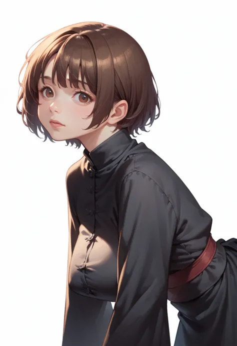 anime girl with short hair and brown eyes in a black dress, semirealistic anime style, anime style portrait, face anime portrait...