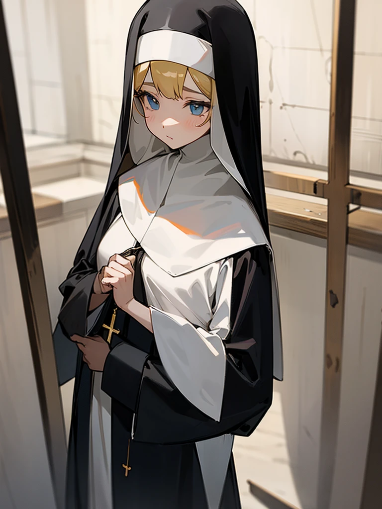 saint、A girl dressed in a nun&#39;s outfit、Abandoned Research Facility、Armament、end of the century、Android、outside、rubble、Broken medical equipment