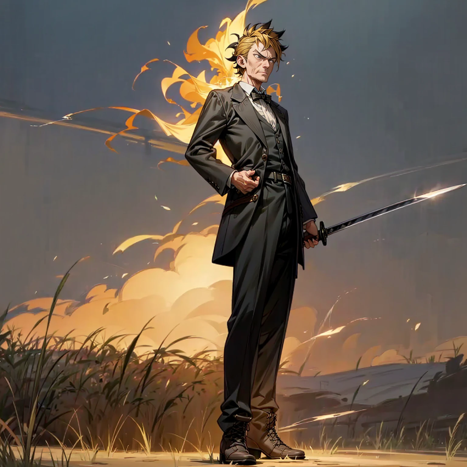 Solo character, full body version, old man, black eyes, blonde half black hair, short curly mohawk, formal clothing, belt, boots, outdoor, field, town, medieval, morning, standing gesture, detailed background, detailed clothing, detailed hair, angry eyes, sword in hand, smoke effect, lighting, glow effect on sword 