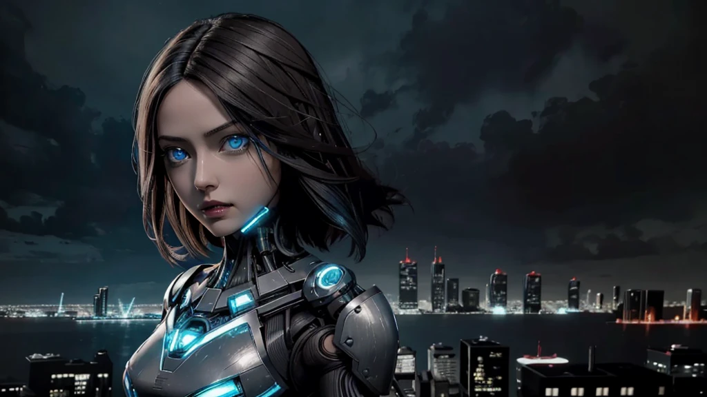 Comic Art, Limited color palette, 1 girl, [Her name is Alita],aldult (Elf:0.7) Miss,  Gray blue eyes, Dark Brown Short Hair, battle angel alita, 
Solitary, Half Shot, look down, Detailed background, Delicate face, Android,  Biomechanical limbs, Detailed blue eyes, electric wire,    callous,   steel, digital implants, Nanotechnology,     Powered by Fire,    bioluminescent parts,    Futuristic cityscape in the background, movie environment, Vampire Tech, Kawaii Technology, Bio-chlorophyll Technology, Upper Body,