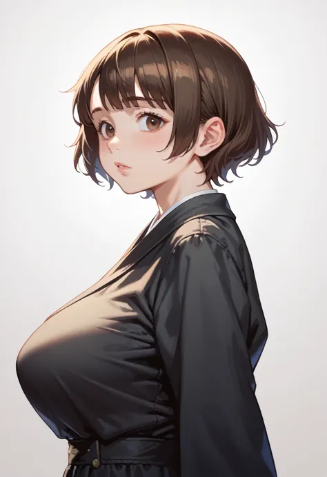 anime girl with short hair and brown eyes in a black dress, semirealistic anime style, anime style portrait, face anime portrait...