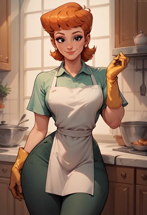 dextersmom,mature female, wide hips, orange hair, black eyes, makeup, earrings,gloves, shirt, apron, pants,slight smile, sexy