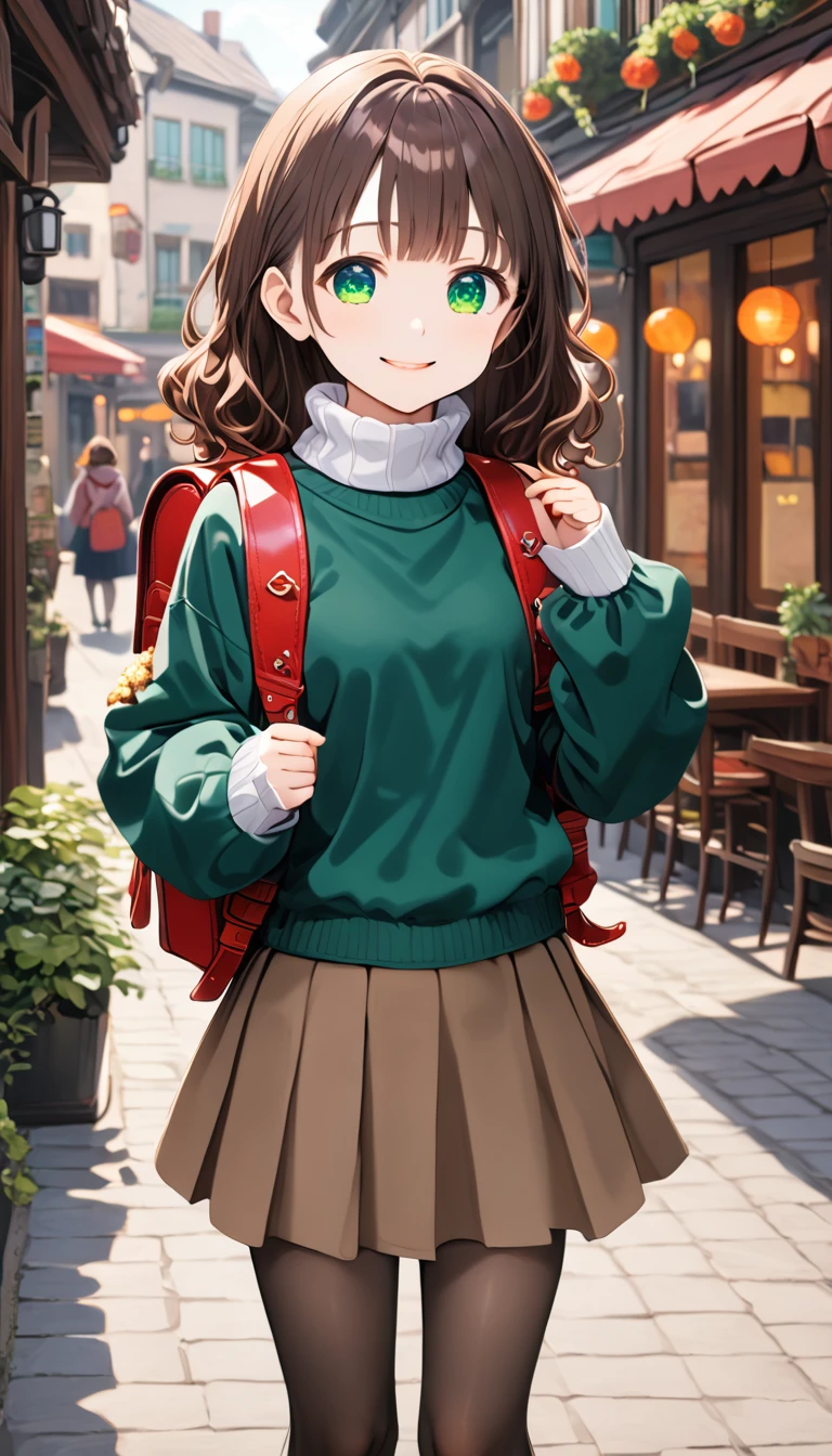 ((best quality)), ((masterpiece)), (detailed), perfect face, cute anime girl, long wavy brown hair, she is standing outdoor, she smile, she is 20 years old, she is wearing turtle neck sweater, she is wearing skirt, she is wearing pantyhose, she is wearing boots, green eyes, she is wearing randoseru backpack, (randoseru backpack:1.2), vibrant colors, masterpiece, sharp focus, best quality, outdoor, standing 