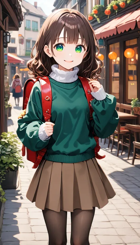 ((best quality)), ((masterpiece)), (detailed), perfect face, cute anime girl, long wavy brown hair, she is standing outdoor, she...