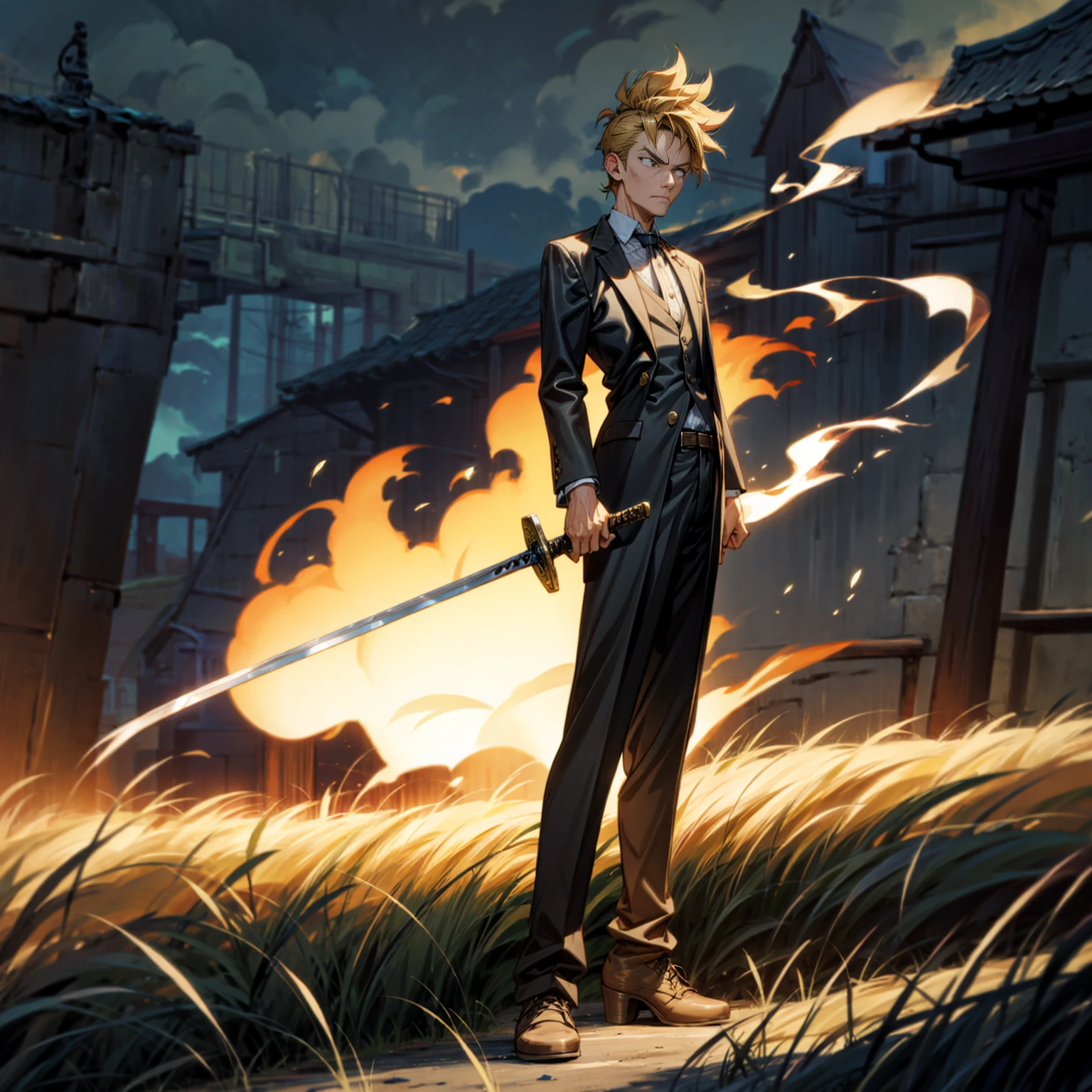 Solo character, full body version, old man, black eyes, blonde half black hair, short curly mohawk, formal clothing, belt, boots, outdoor, field, town, medieval, morning, standing gesture, detailed background, detailed clothing, detailed hair, angry eyes, sword in hand, smoke effect, lighting, glow effect on sword 