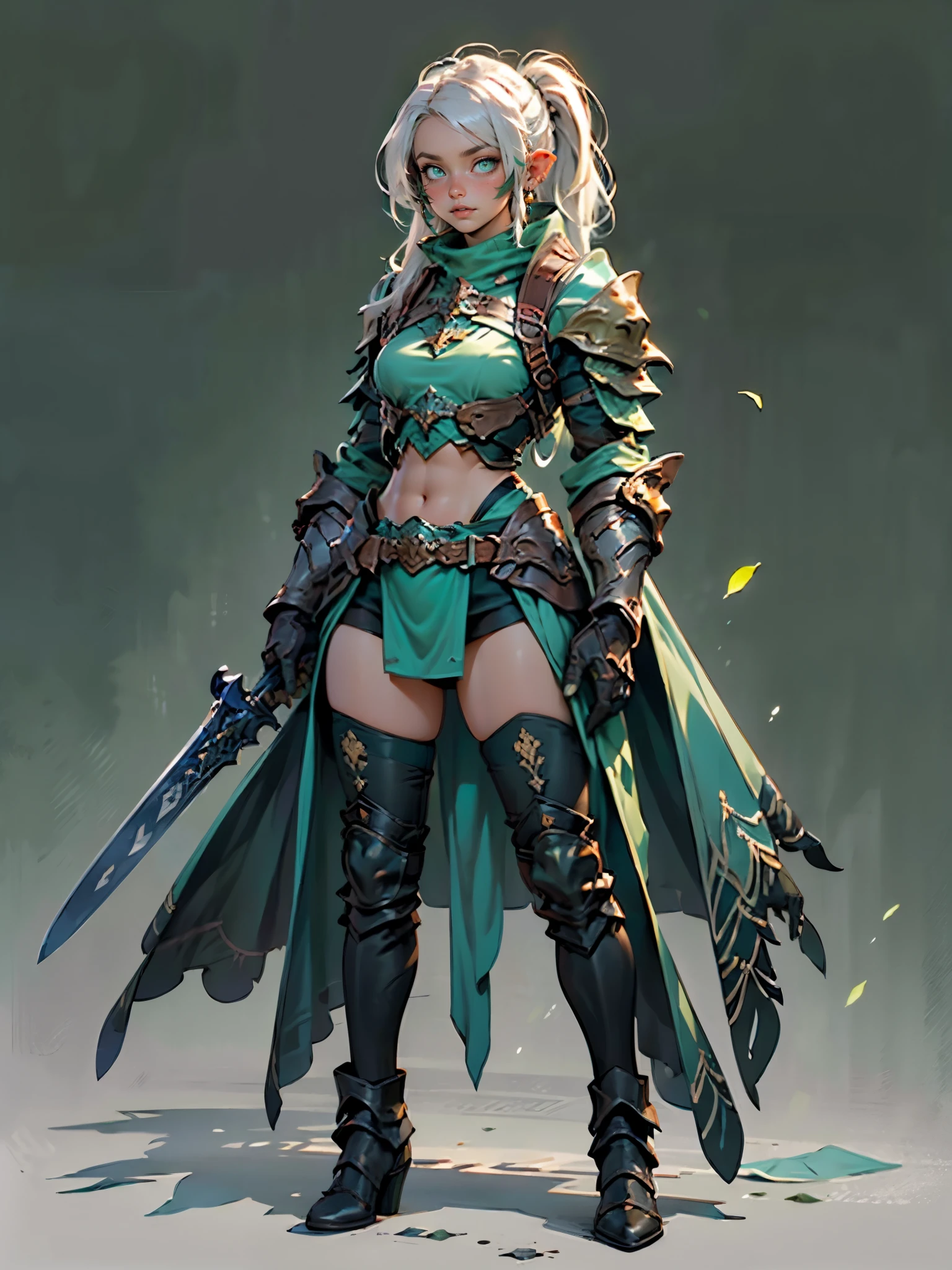 (((Masterpiece, best quality, high detailed, 8k))) Design a layout showcase Gaming character, (1girl). Elf, long silver hair, green eyes (detailed eyes), angelic face, wearing a long flowing jade dress with high side slit, showing midriff, wielding a huge sword, sexy. (masterpiece:1.2), (best quality), ultra-detailed. (Step by step design, layout art:1.5), (luminous lighting, atmospheric lighting). Elf royalty. ((glove full hands)), intricate vambraces, thigh highs, thick thighs, (((full_body_shot:1.4))). The elf stands gracefully amidst dark, dense, ancient, towering trees, their leaves shimmering with a magical glow. The bikini armor, a blend of sleek metal and glowing energy lines, contrasts beautifully with the natural surroundings. Her long silver hair flows softly around her, framing her elegant face with piercing green eyes that radiate wisdom and strength. Huge sword she holds is pulsing with an ethereal green light.（hoang lap，A high resolution，hyper detailled），Black Soul theme, leather，Off-white，ranger，Background of details，Northern Valley，Irithyll，Cold moon，Rule of thirds，boundage，Diablo 4 style，intricate-detail，Diablo color theme，（offcial art，Beauty and aesthetics：1.2），（Dark art，erode,  fractal art：1.3），rich colourful，horryfing，highest details, detailed eyes, (green eyes: 2), white hair with blue tips, blue colored inner hair, long hair, solo, 1girl, slim, small breasts, green flames