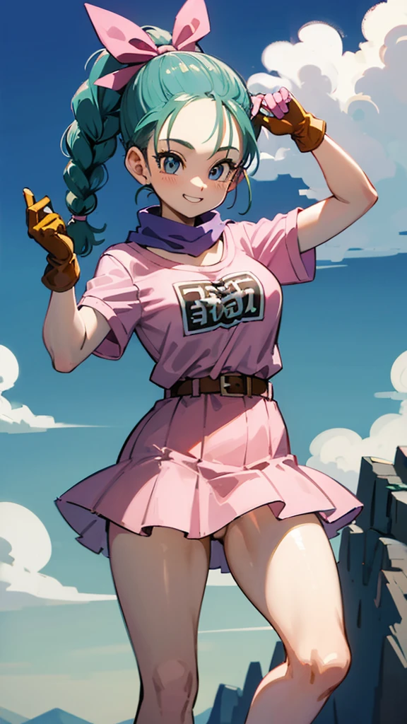 masterpiece, best quality, high resolution, dragon ball, blmpony, aqua hair, hair ribbon, braided ponytail, pink shirt, belt, scarf, pink skirt, clothes writing, brown gloves, big breasts, ultra mini pink dress, show perfect ass, upskirt ((half naked))) smiling, namekusei l background. 