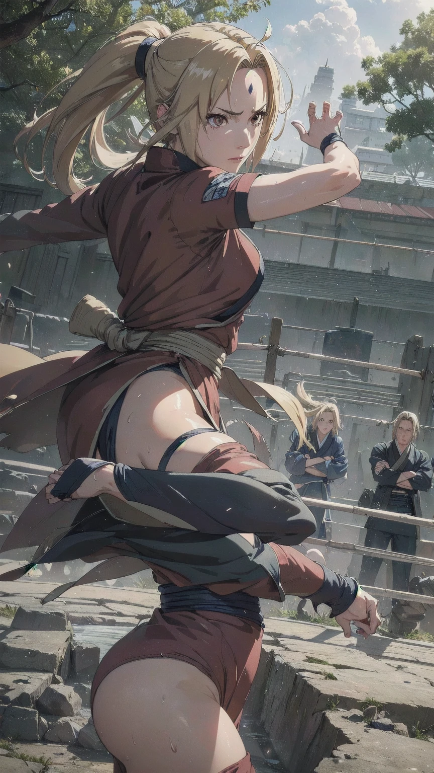 (masterpiece, highest quality:1.2), alone, One Girl, Tsunade Defense, Forehead mark, View your audience、((Battle Scenes、Fighting Pose、Sweat、Rocky area、wood、Wrestling Arena、take off one&#39;s haori、punch、Fluttering Hair、Navy blue pants、No sleeve、Torn clothes、Large areola、chest))、Beautiful girl with beautiful details, Professional photography illumination, Highly detailed eyes and face, Beautiful eyes in every detail、Beautiful detailed hair, Beautiful and exquisite cold face、アニメ、((No sleeve、Armpit))