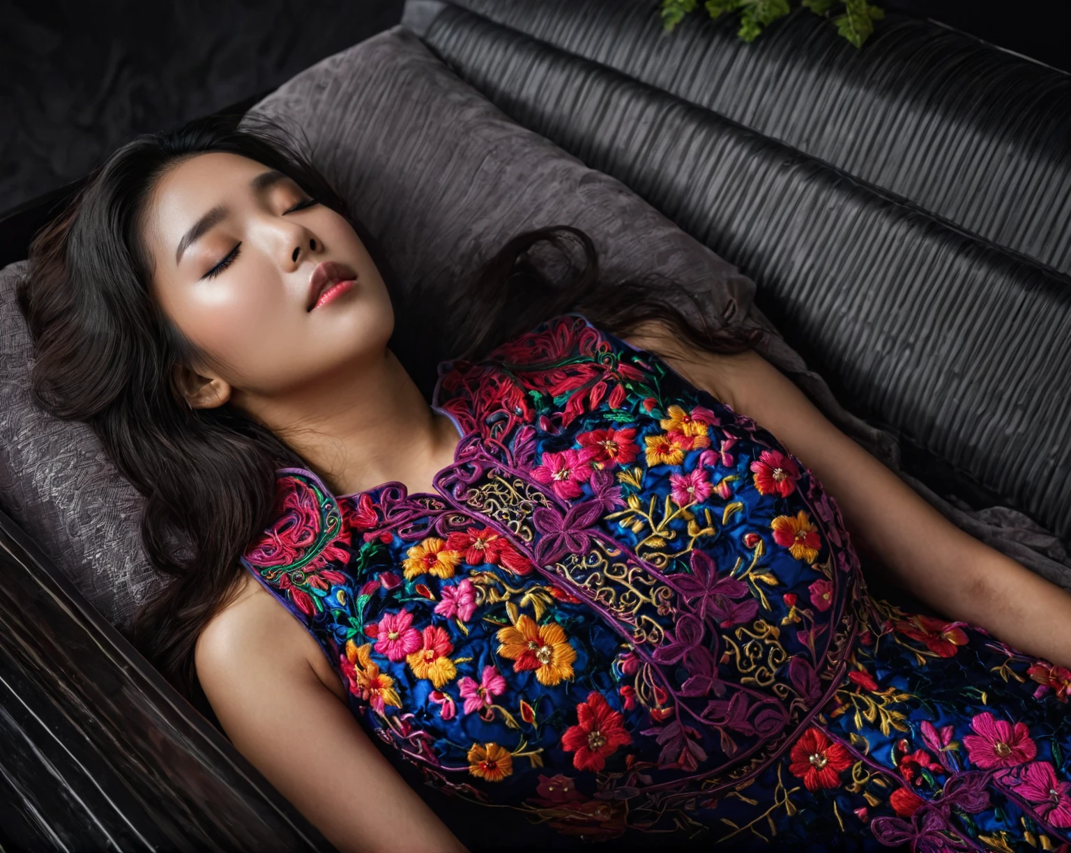 In a striking 8K HDR scene, a stunning Korean woman, 22 years old, lies peacefully in a black coffin surrounded by plush pillows. The deep box is set against a rich black background, accentuating the beauty of the subject. Her exquisite deep-V neckline kebaya attire is embroidered with superb detail, showcasing her round and firm breasts, perfect cleavage, and beautiful eyebrows. Her closed eyes and mouth give an air of serenity, while her visible and absolute cleavage leave nothing to imagination. The scene is bathed in saturated colors, highlighting every intricate aspect from the ball skirt to her clean face, straight body, detailed hand perfect hands, straight body, own hands together, own hand on stomach, detailed hands, perfect hands.