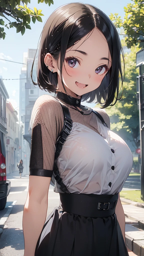 young woman、smile、(Wide forehead visible)、((Short Hair、Very large breasts))、blush、((masterpiece、High resolution、16K))、((Mesh clothing))、(Very close:1.5)、In town、(Focus on the upper body:1.5)、((Laugh with your mouth wide open))