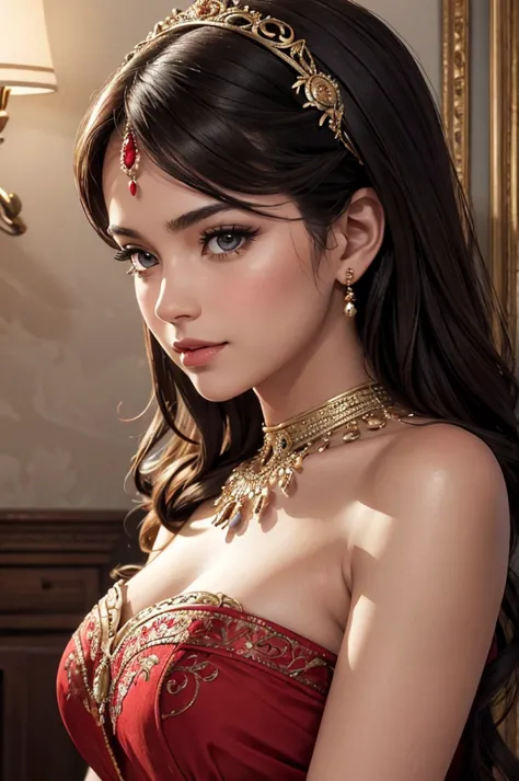 [core concept] a vibrant and captivating portrait of an alluring indian woman.

[character description] the woman has a curvy, f...