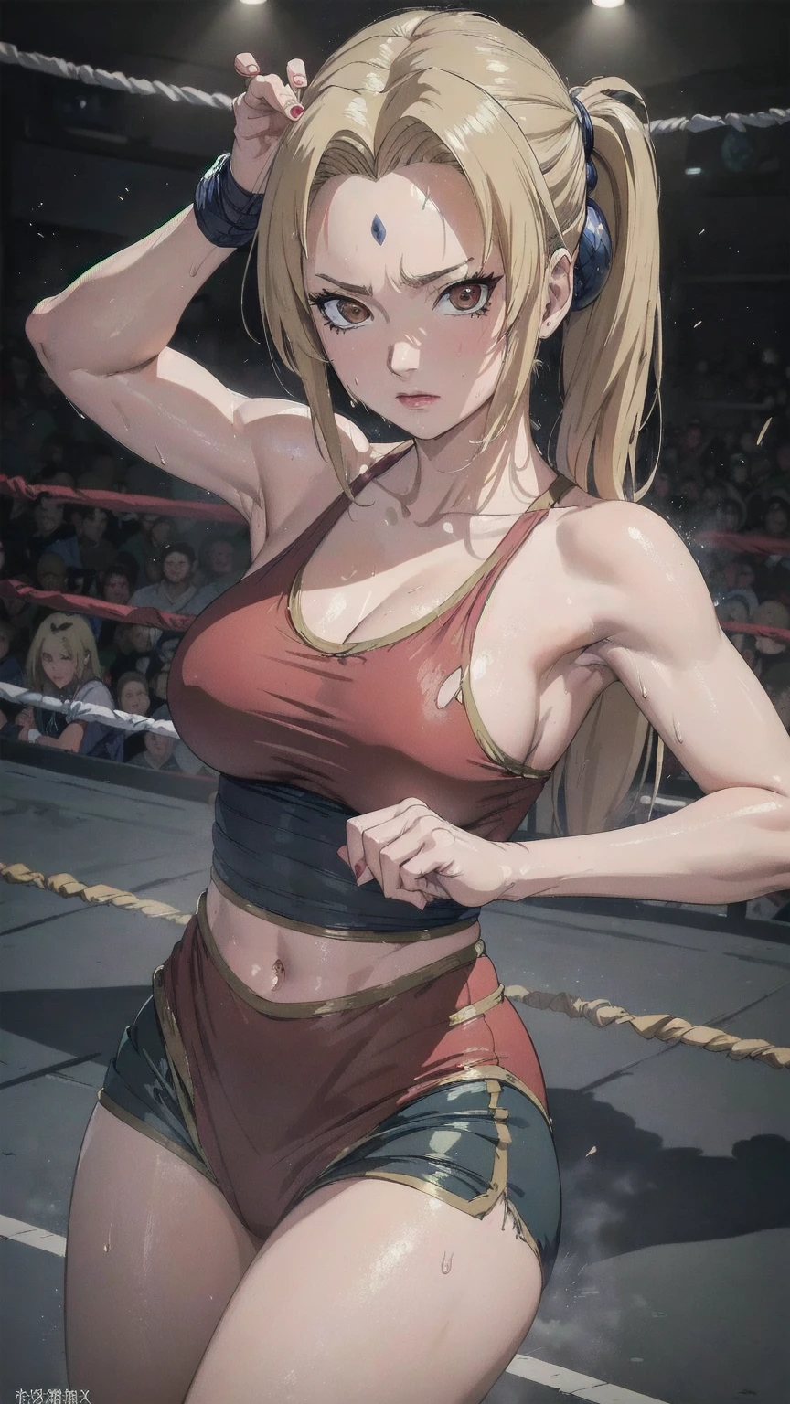 (masterpiece, highest quality:1.2), alone, One Girl, Tsunade Defense, Forehead mark, View your audience、((Battle Scenes、Fighting Pose、Sweat、Rocky area、Wrestling Arena、take off one&#39;s haori、punch、Fluttering Hair、Navy blue pants、No sleeve、Torn clothes、Large areola、chest))、Beautiful girl with beautiful details, Professional photography illumination, Highly detailed eyes and face, Beautiful eyes in every detail、Beautiful detailed hair, Beautiful and exquisite cold face、アニメ、((No sleeve、Armpit))