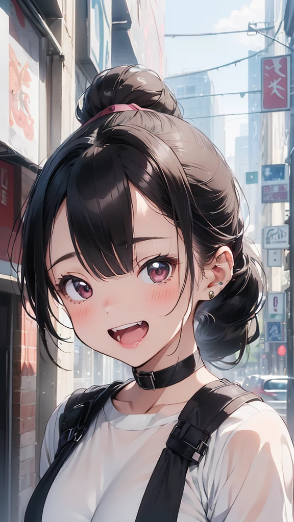 young woman、smile、(Wide forehead visible)、((ponytail、very, very big breasts))、blush、((masterpiece、High resolution、16K))、((Mesh clothing))、(Very close:1.5)、In town、(Focus on the upper body:1.5)、((Laughing with your mouth open))