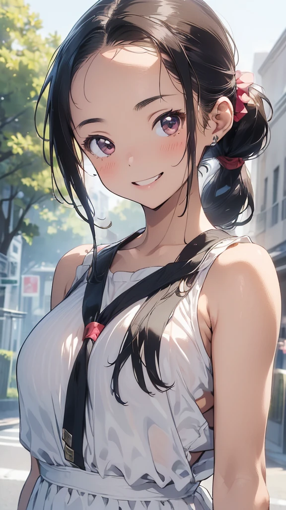 young woman、smile、(Wide forehead visible)、((ponytail、very, very big breasts))、blush、((masterpiece、High resolution、16K))、((Open-chested summer clothes))、(Very close:1.5)、In town、(Focus on the upper body:1.5)、((smile))