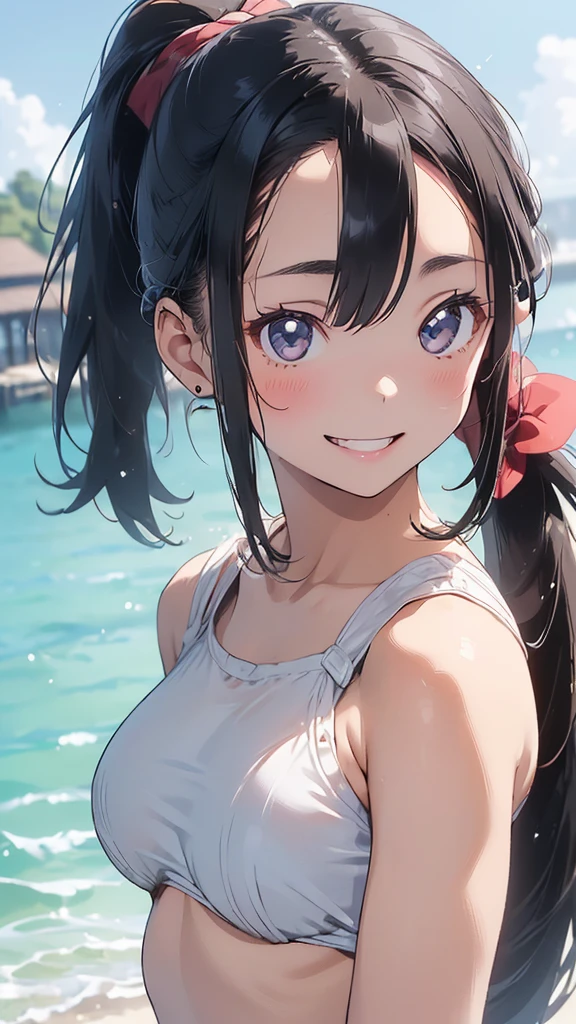 young woman、smile、(Wide forehead visible)、((ponytail、very, very big breasts))、blush、((masterpiece、High resolution、16K))、((Open-chested summer clothes))、(Very close:1.5)、In town、(Focus on the upper body:1.5)、((smile))