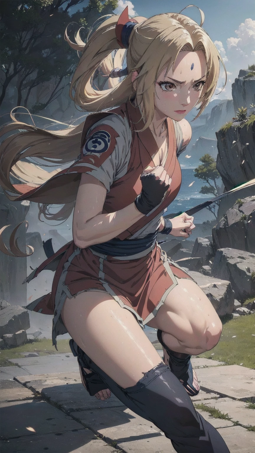 (masterpiece, highest quality:1.2), alone, One Girl, Tsunade Defense, Forehead mark, View your audience、((Battle Scenes、Fighting Pose、Sweat、Rocky area、take off one&#39;s haori、punch、Fluttering Hair、Navy blue pants、No sleeve、Torn clothes、Large areola、chest))、Beautiful girl with beautiful details, Professional photography illumination, Highly detailed eyes and face, Beautiful eyes in every detail、Beautiful detailed hair, Beautiful and exquisite cold face、アニメ、((No sleeve、Armpit))、Wrestling Arena