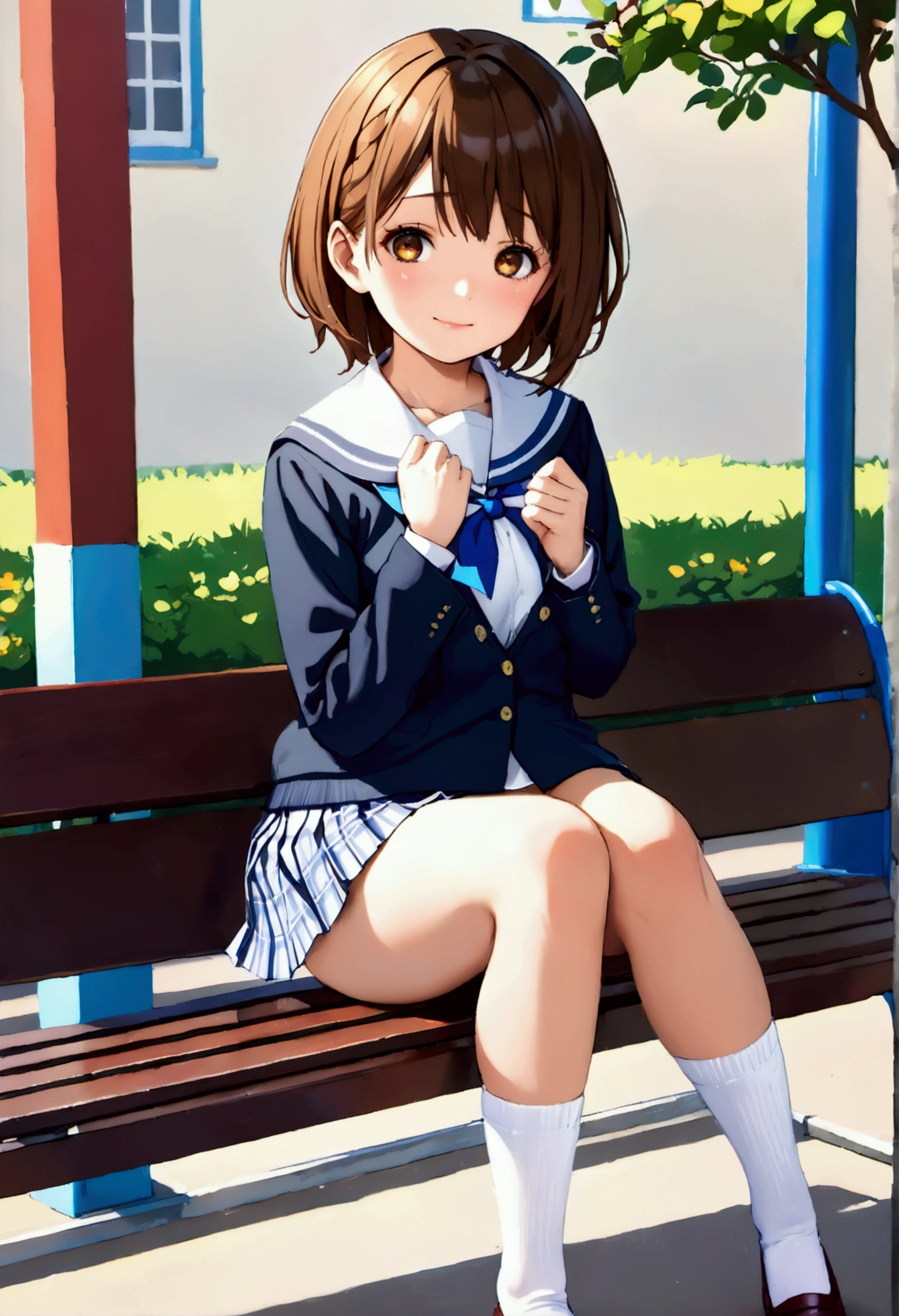 (nsfw:1.5),Miho Nishizumi,sexy,Annyu,adult,((Droopy eyes)),Short Hair,Dark brown hair,Dark brown eyes,Baby Face,8k wallpaper, (shape:0.8), (Beautiful attention to detail:1.6), Highly detailed face, Perfect lighting, Extremely detailed CG, (Perfect hands, Perfect Anatomy),School Uniform,Oarai Girls,mini skirt,White socks,Black shoes,Schoolyard,Sitting on a bench,Bright smile,Enjoyable school life