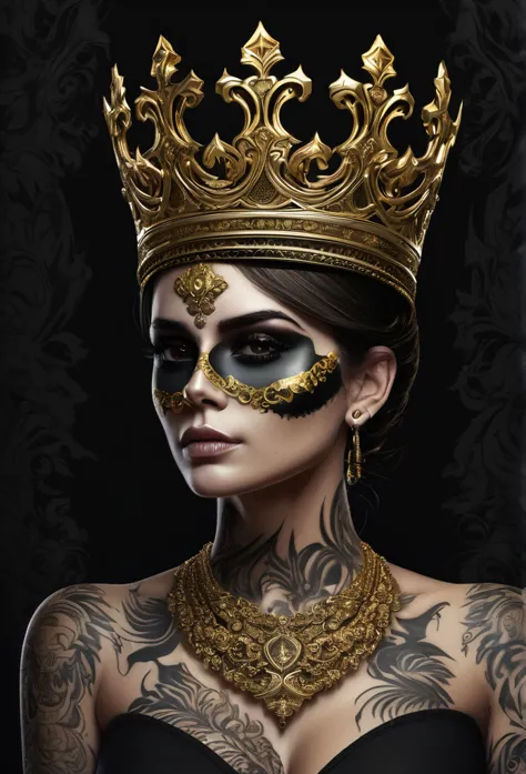 logotype,caveira ao centro very detailed, wearing a golden crown, realistic tattoo, very detailed, 4k, murky, black backdrop, hi...