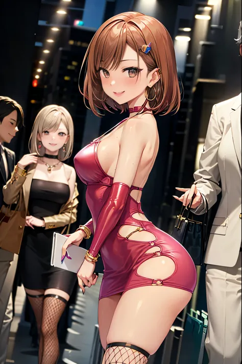 masterpiece, formal, (Mature women standing in a row、Sticking out towards the viewer:1.4), (Pink bodycon, Micro Dress:1.2), (Det...