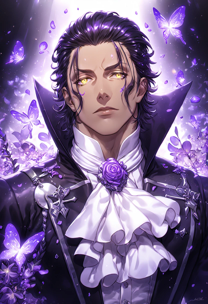 Ultra detailed, HDR, Highres, absurdres, master piece, Tyki Mikk, black hair, hair slicked back, ruffled wavy hair, short hair, expressive yellow eyes, dark gray skin, black coat, white shirt, white cravat, white gloves, D.Gray-man, sexy man, handsome, purple flowers, petals, fantasy, magical, purple leaves, handsome, best quality, glittering, sensual, horny, water, purple shining fireflies, solo, small purple butterflies, purple flames, manly man, noah