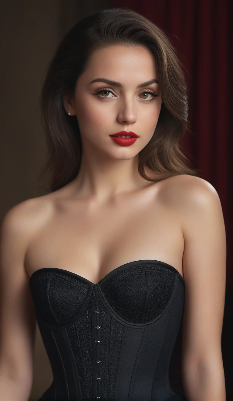 (best quality,4k,8k,highres,masterpiece:1.2),ultra-detailed,(realistic,photorealistic,photo-realistic:1.37),beautiful eyes,beautiful lips,detailed face,red lipstick,gorgeous woman, sexy black dress, sexy elegant fashion model, sexy elegant look,long eyelashes,confident expression,flawless skin,posing gracefully sexy,head to stomach shot, black mesh strapless corset, sexy naked medium Breasts,flowing fabric,soft and silky material,graceful movement,vibrant colors,artistic lighting,studio photo shoot, dreamy atmosphere