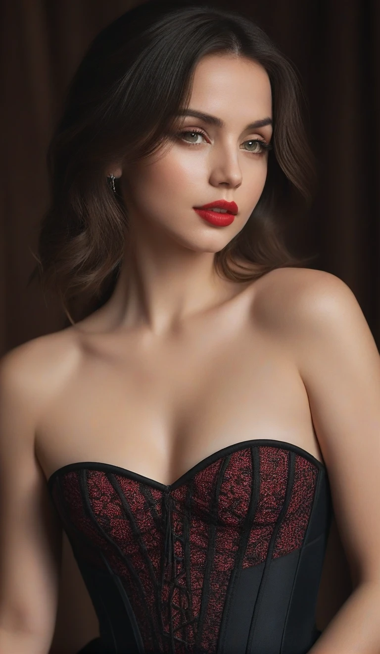 (best quality,4k,8k,highres,masterpiece:1.2),ultra-detailed,(realistic,photorealistic,photo-realistic:1.37),beautiful eyes,beautiful lips,detailed face,red lipstick,gorgeous woman, sexy black dress, sexy elegant fashion model, sexy elegant look,long eyelashes,confident expression,flawless skin,posing gracefully sexy,head to stomach shot, black mesh strapless corset, sexy naked medium Breasts,flowing fabric,soft and silky material,graceful movement,vibrant colors,artistic lighting,studio photo shoot, dreamy atmosphere