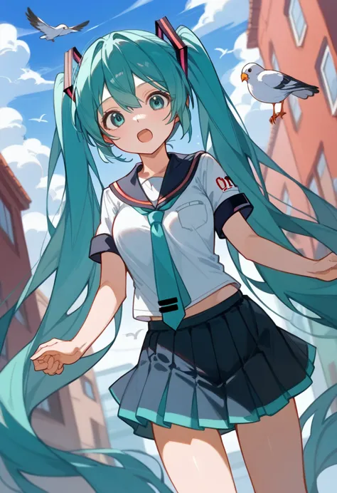 masterpiece,, very detailed、outdoor, hatsune miku、very long hair、very short dark blue skirt、growing breasts、sailor suit short sl...