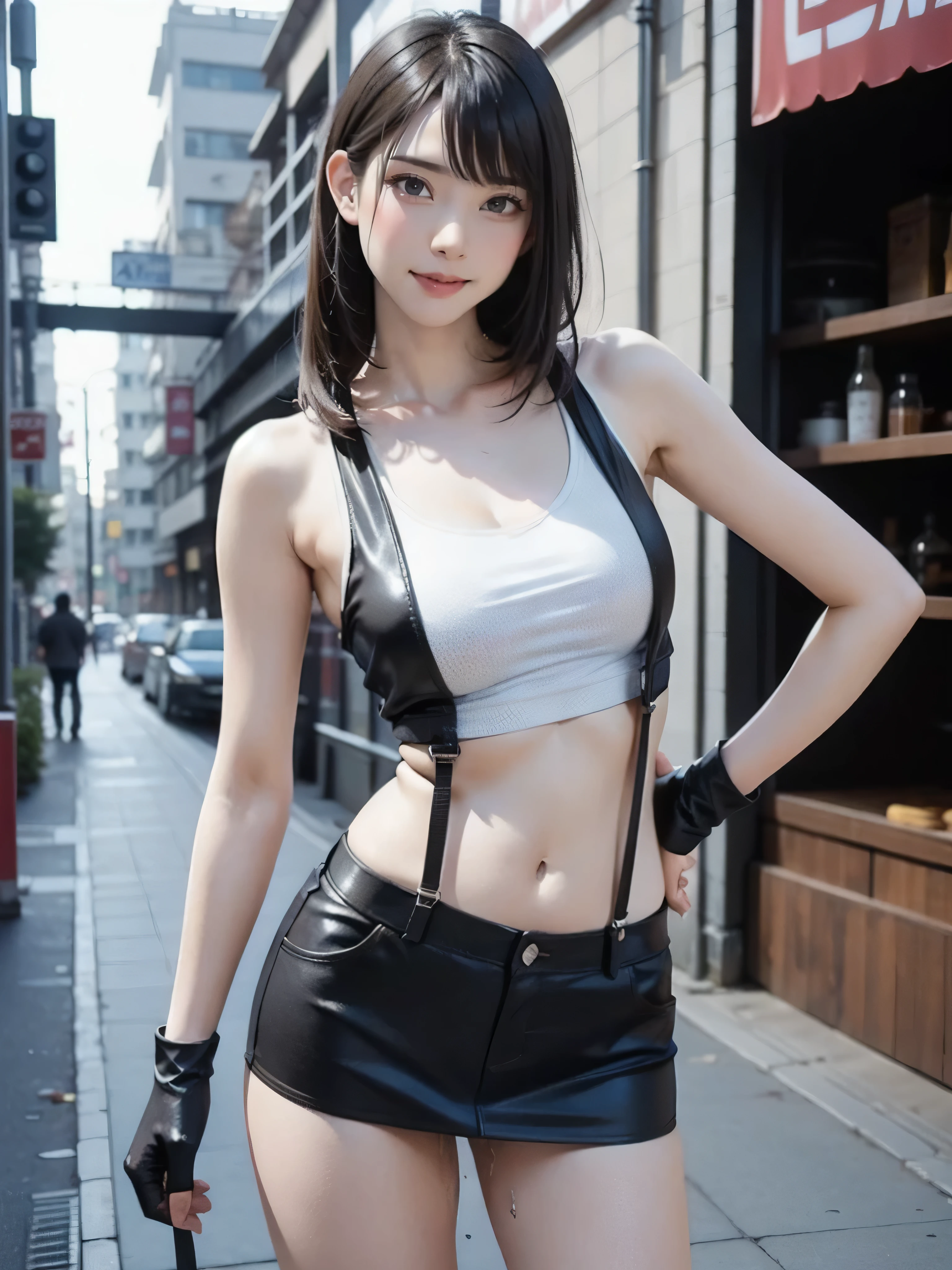 Tattered little white tank top, No bra, (Black mini skirt:1.15),(suspenders:1.2),Thick leather gloves, alone, woman, (Pyopplev1:1.05), Pyopple, (Lips parted,A light smile),(Glowing Skin:1.1),blush, ((bangs)), Long Hair, Clenched fist, raise your duke, Fighting pose,Skin Dentition, ((Slim figure)), (Long legs), model diagram,  Highest quality, Ultra-high resolution, (Realistic), (Detailed face and eyes), Industrial slum cyberpunk dystopia background, (sweat, pussy juice, pussy juice stained)