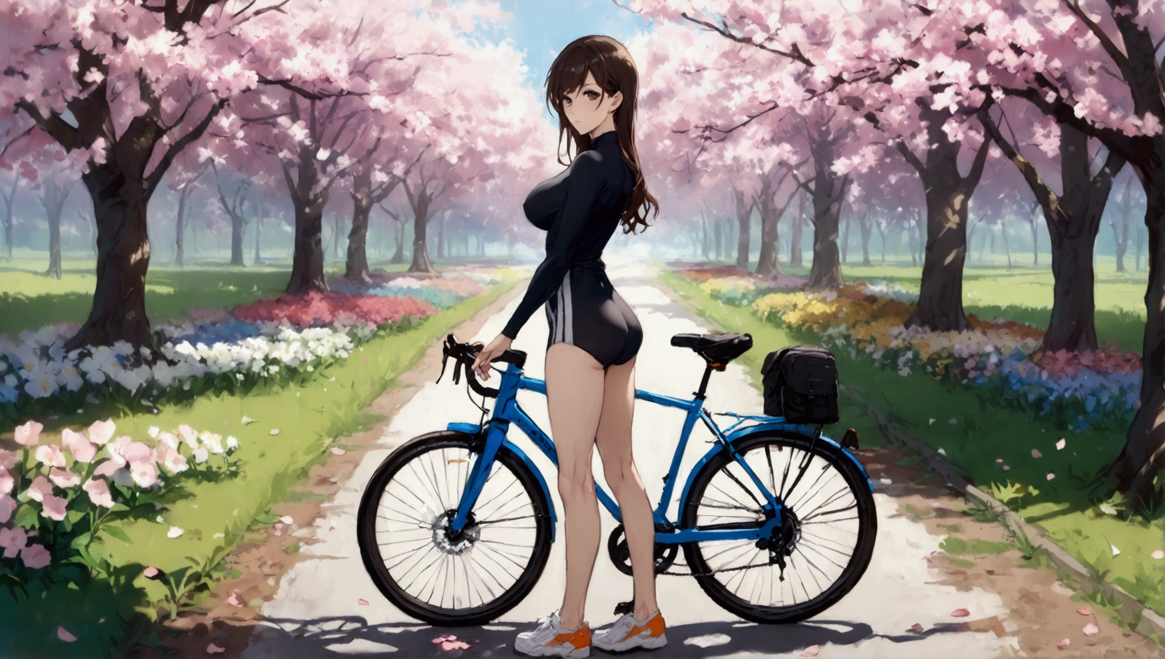 Chizuru Ichinose ,bike, bike the road, riding, standing alone, the road, 1 girl, flowers, shoe, water, riding bike, petals, plein-air, from sideways, flowerses de cerejeira, casual clothes, don, long sleeves, whole body, work of art, best qualityer, Ultra-precise representation, Ultra-detailed representation, offcial art,high resolution, break, (Extremely beautiful face),(high-detailed face),beautiful detailed eyes, detailed eyelashes,(shining skin), make up,(erotic flushed face), break, whole body, ((slim toned body)),beautiful ass, Toned buttocks, nice legs, break, (((beautiful hands, perfect hands))), ((very beautiful breast)), break, gazing at viewer, (((background that matches the situation and the character&#39;s colors)))