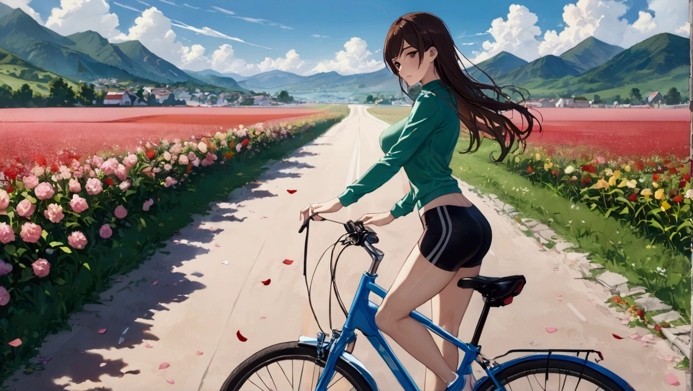 Chizuru Ichinose ,bike, bike the road, riding, standing alone, the road, 1 girl, flowers, shoe, water, riding bike, petals, plein-air, from sideways, flowerses de cerejeira, casual clothes, don, long sleeves, whole body, work of art, best qualityer, Ultra-precise representation, Ultra-detailed representation, offcial art,high resolution, break, (Extremely beautiful face),(high-detailed face),beautiful detailed eyes, detailed eyelashes,(shining skin), make up,(erotic flushed face), break, whole body, ((slim toned body)),beautiful ass, Toned buttocks, nice legs, break, (((beautiful hands, perfect hands))), ((very beautiful breast)), break, gazing at viewer, (((background that matches the situation and the character&#39;s colors)))