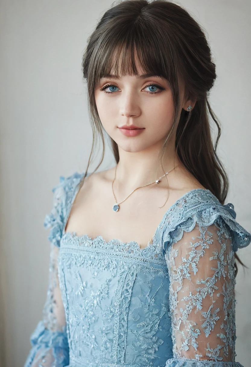 reallistic、photo-like、Detailed models、Young and beautiful model、extremely beautyful girl、soft portrait shot 8 k, gorgeous young model,Clean blue eyes、Detailed Caucasian model、solo、Slavic Caucasian、Longhaire、bangss、masuter piece、black lace dress、frilly dress、lolita dress、long hair with gray hair、Gorgeous gray hair long hair、Dresses with sleeves、hair adornments、16-year-old girl、A slight smil、Hairstyle with bangs、Beautiful high nose、Caucasian girl of Slavic descent、Beautiful long hair、A beautiful Blue eyes、Chromo-white skin、Whitehair