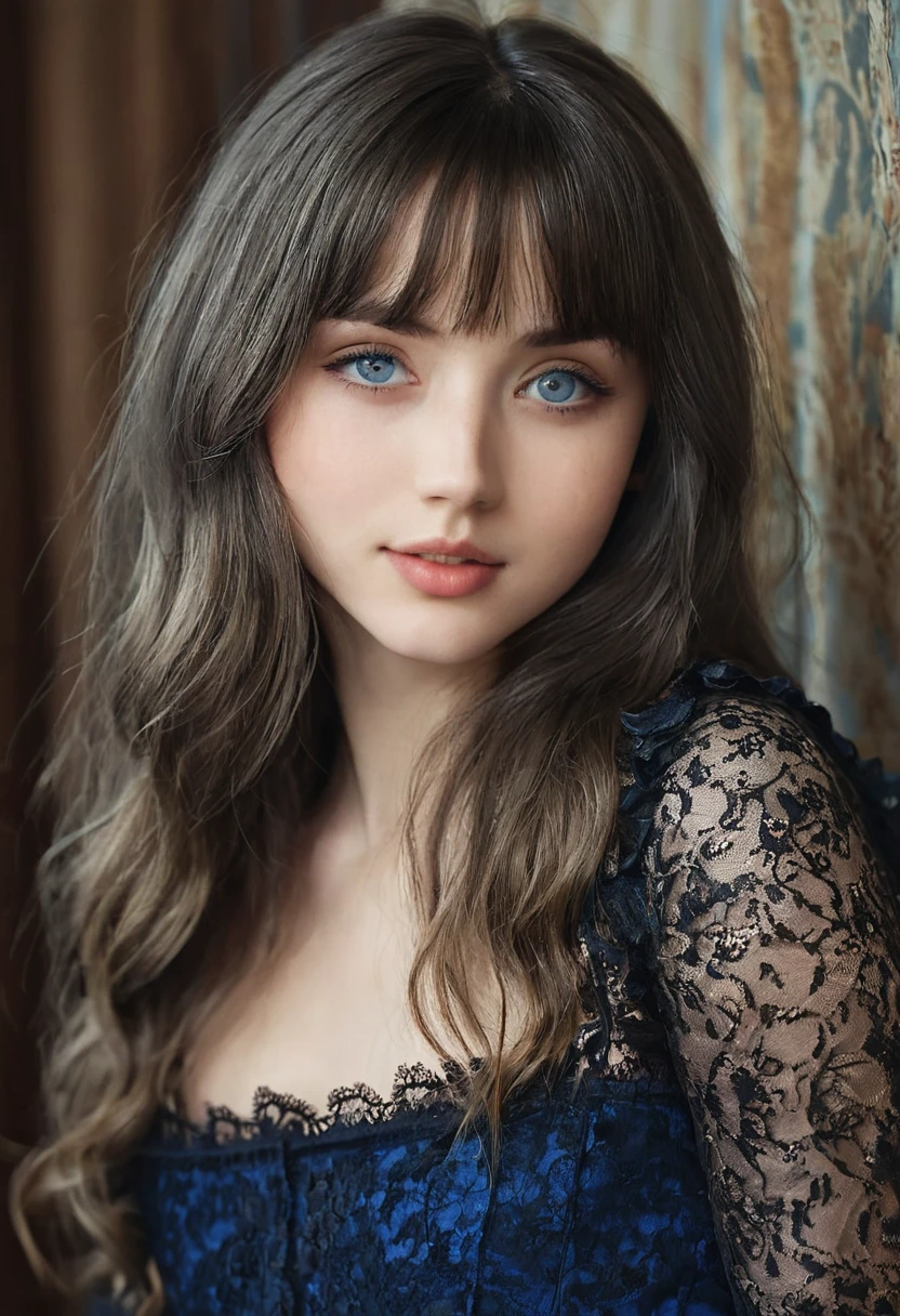 reallistic、photo-like、Detailed models、Young and beautiful model、extremely beautyful girl、soft portrait shot 8 k, gorgeous young model,Clean blue eyes、Detailed Caucasian model、solo、Slavic Caucasian、Longhaire、bangss、masuter piece、black lace dress、frilly dress、lolita dress、long hair with gray hair、Gorgeous gray hair long hair、Dresses with sleeves、hair adornments、16-year-old girl、A slight smil、Hairstyle with bangs、Beautiful high nose、Caucasian girl of Slavic descent、Beautiful long hair、A beautiful Blue eyes、Chromo-white skin、Whitehair