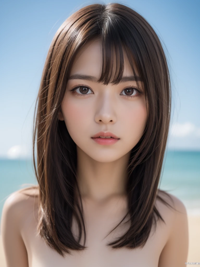 1girl,12 years old,Famous idol,1cute girl,very young face,masterpiece,high quality,small face,(medium breasts:1.8）(Masterpiece, Best quality, 8k, 32k, Masterpiece, UHD:1.2, highres, RAW photo, extremely detailed),, highres, (official art, beautiful and aesthetic:1.2), close view, shining sky, vast world, girl, gazing, awe-inspiring expression, distant horizon, clouds, high hill, natural beauty, inspiration, light effects,(Nikon AI AF Nikkor 50mm f/1.4D),(portrait),(Ilko Allexandroff Style lighting), physically-based rendering, (nude:1.8),(naked:1.8),(solo:1.8), bishoujo, (pretty face:1.5), slit eye, beautiful eye, round face, small face, extremely detailed eyes and face, eyes with beautiful details, thin body, tall body, medium hair, wavy hair, bangs,(official art, beautiful and aesthetic:1.2),(anatomical:1.4),(Beauty of form:1.4) Golden ratio,Stroll along the coast of Okinawa:1.8,dramatic angle:1.4,looking at the camera:1.4,(subject solo,1 girl:1.8)